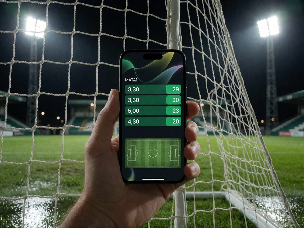 Hand h&auml;lt Smartphone mit Live-Wettoberfl&auml;che vor dem Tornetz im Flutlicht - geteiltes Wallet f&uuml;r Sportwetten und Casino