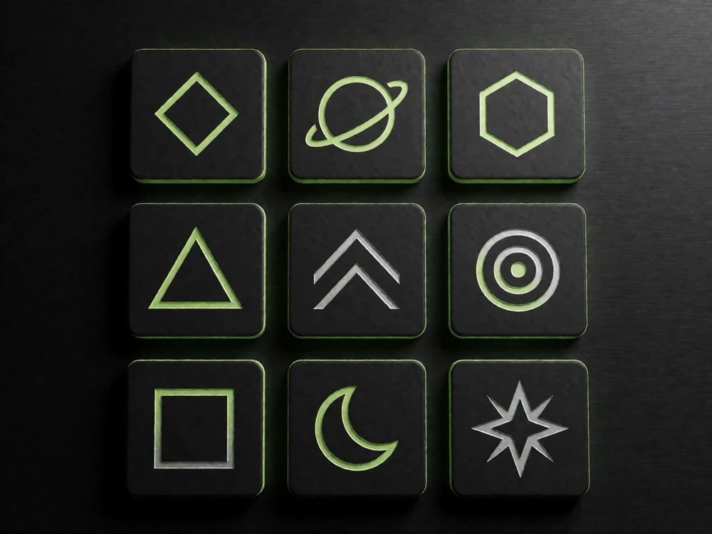 Raster dunkler Studio-Embleme mit limefarbenen Symbolen als Vertrauensabzeichen der Spieleanbieter im Zoccer Casino