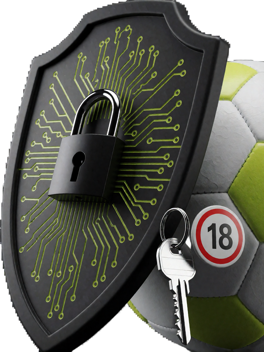 Schutzschild mit Schloss, Fu&szlig;ball und 18+ Badge im Flutlicht als Symbol f&uuml;r Sicherheit und Fairness bei Zoccer Casino