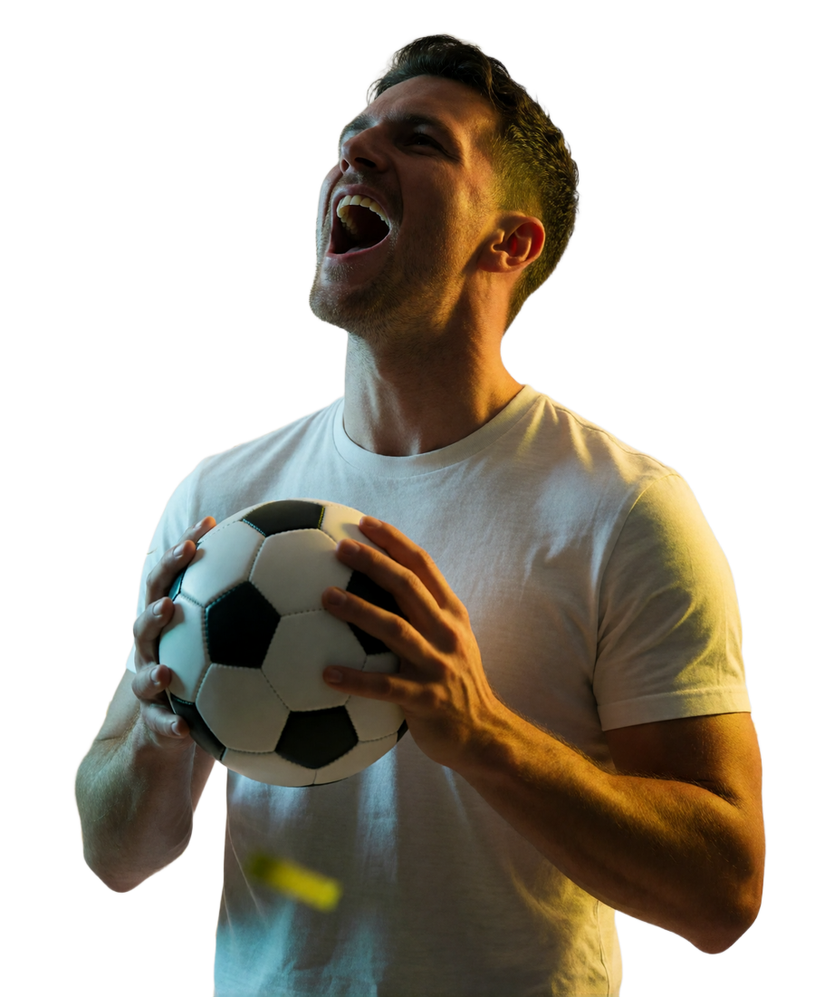 Jubelnder Spieler im wei&szlig;en Shirt mit Matchball im Konfettiregen - Willkommenspaket im Zoccer Online Casino Bonus