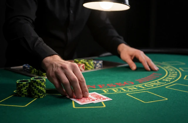 Dealerh&auml;nde legen Karten auf gr&uuml;nem Blackjack-Filz mit Chips - klassische Tischspiele im Zoccer Casino