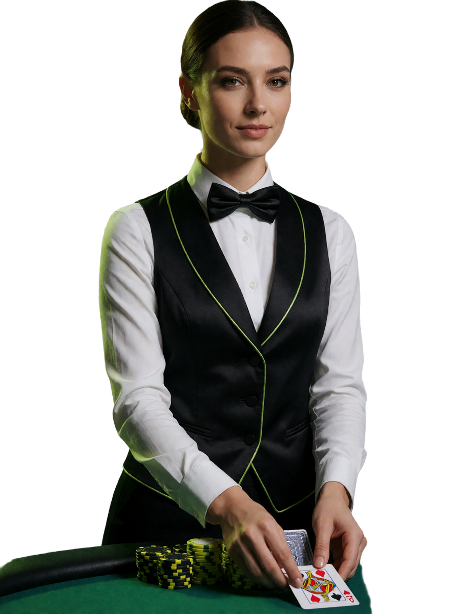 Croupier im schwarzen Weste-Look teilt Karten an einem Live-Casino-Tisch mit Chips unter Studiolicht - Live Casino online bei Zoccer