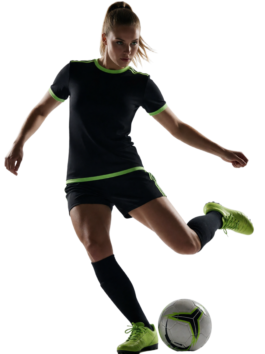 Spielerin in Schwarz-Lime trifft den Ball im Elfmeter unter Flutlicht - Sportwetten mit Echtgeld bei Zoccer Casino