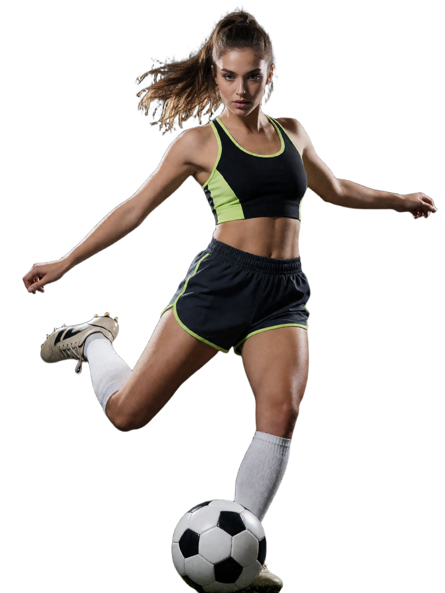 Spielerin im schwarz-limefarbenen Trikot trifft den Ball beim Elfmeter unter Flutlicht - Motiv des Online Casino Deutschland von Zoccer