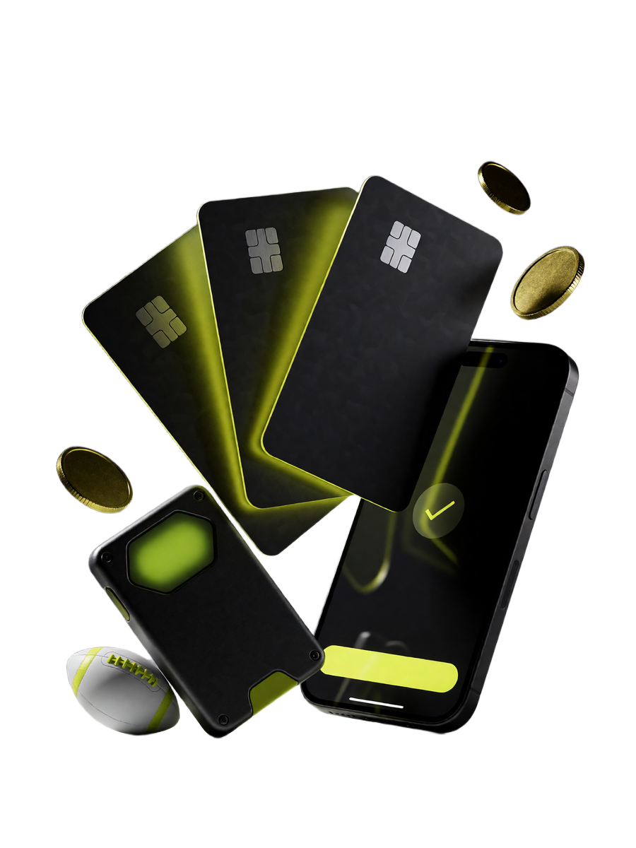 Schwebende Zahlungskarten, Krypto-Hardware-Wallet und Smartphone-Kasse im Flutlicht - Zahlungsmethoden f&uuml;r Ein- und Auszahlung bei Zoccer Casino