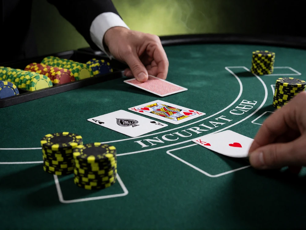 Blackjack-Hand mit Ass und K&ouml;nig neben Chipstapeln auf gr&uuml;nem Filz - Black Jack online mit echten Dealern bei Zoccer