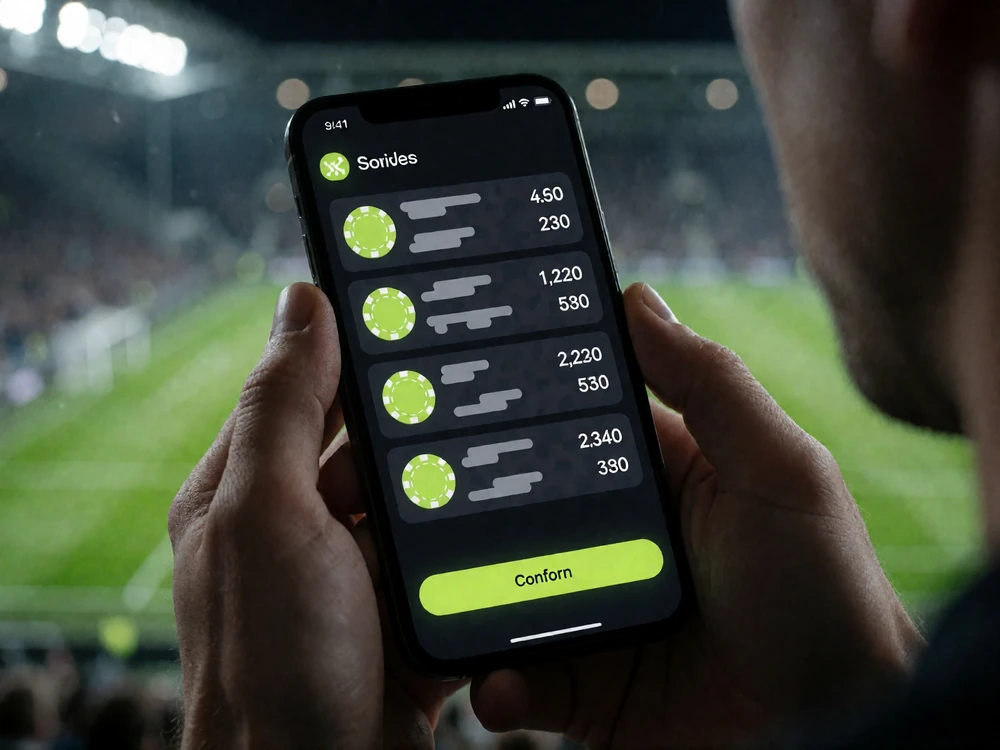 Smartphone mit dunklem Wettschein und mehreren kombinierten Auswahlen vor Flutlichtrasen - Bet Builder im Zoccer Sportsbook