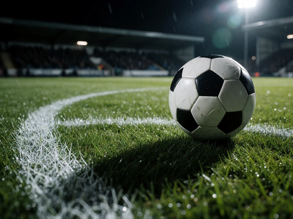 Fu&szlig;ball auf dem Elfmeterpunkt im Flutlicht - Sinnbild f&uuml;r die Kennzahlen von Zoccer Casino wie 11.200+ Spiele und 4,5/5