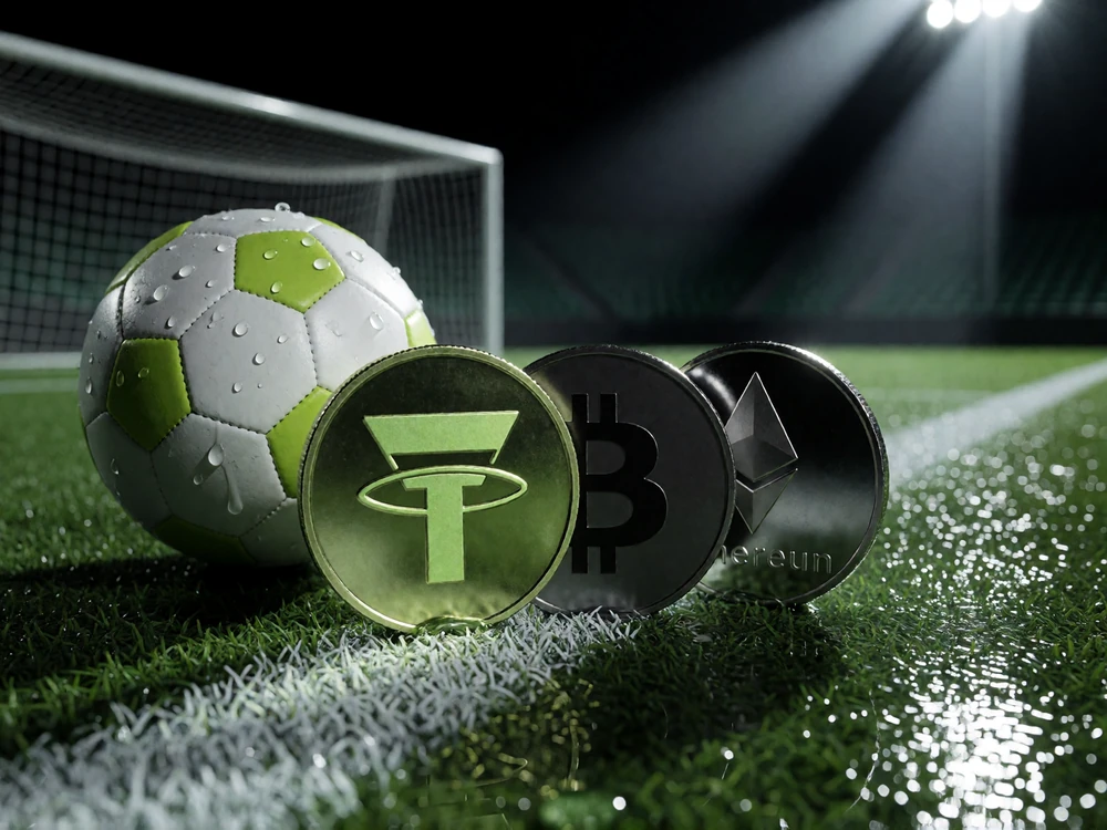 Krypto-M&uuml;nzen mit USDT-Symbol neben einem Fu&szlig;ball auf Flutlichtrasen - Krypto-Bonus bis 3.000 USDT bei Zoccer